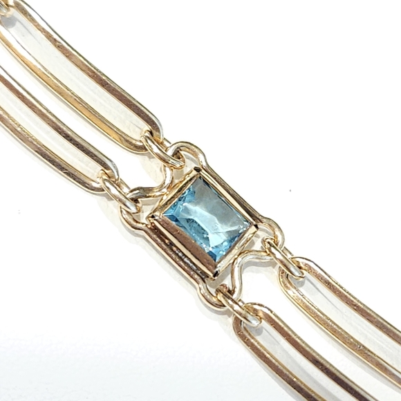 Sturdy 12K Gold Filled Blue Glass Faux Topaz Art Deco Vintage Bracelet 40s 50s - Picture 11 of 16